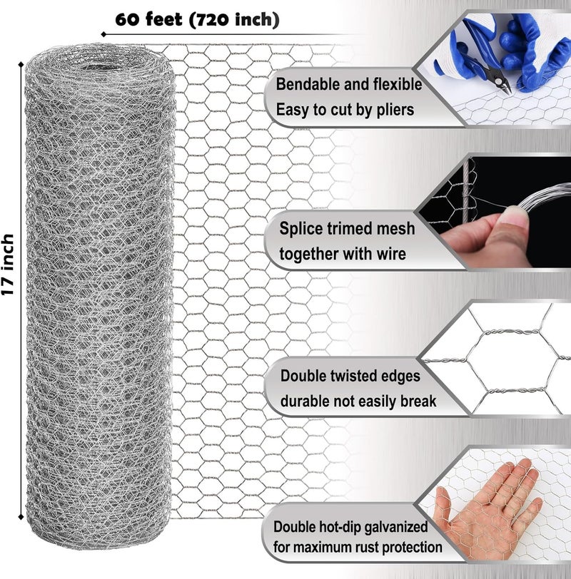 Fabulas Chicken Wire Fencing Mesh, 17 Inch x 60 Feet Metal Floral Chicken Wire Fence for Crafts Poultry Garden, 0.6 Inch Hexagonal Galvanized Hardware Cloth Netting for Chicken Coop Barrier Rabbit Cage - Image 2